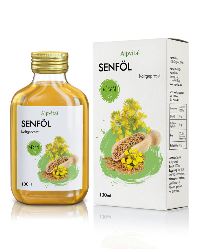 Senföl (100ml) kaltgepresst und naturbelassen, wohlschmeckend mit leicht nussiger Note, ideal zum Backen, Kochen und als Salatöl