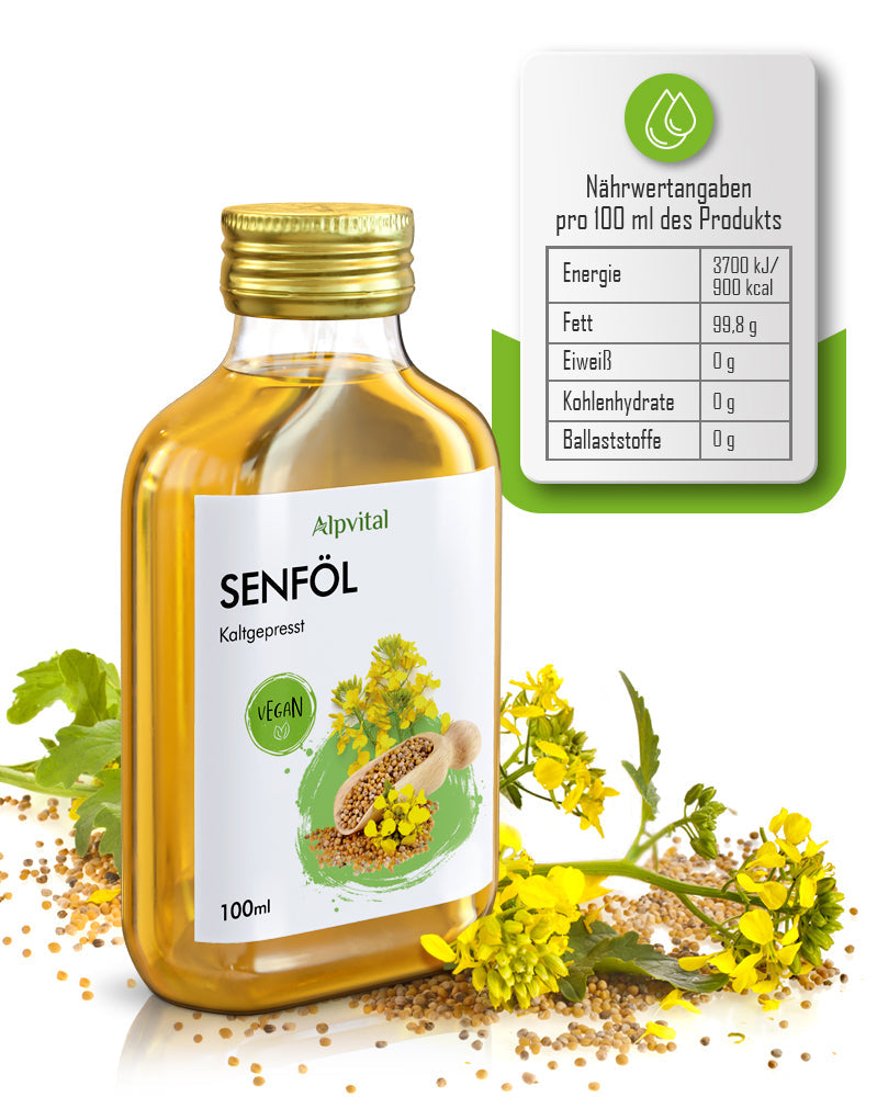 Senföl (100ml) kaltgepresst und naturbelassen, wohlschmeckend mit leicht nussiger Note, ideal zum Backen, Kochen und als Salatöl