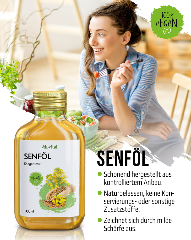 Senföl (100ml) kaltgepresst und naturbelassen, wohlschmeckend mit leicht nussiger Note, ideal zum Backen, Kochen und als Salatöl