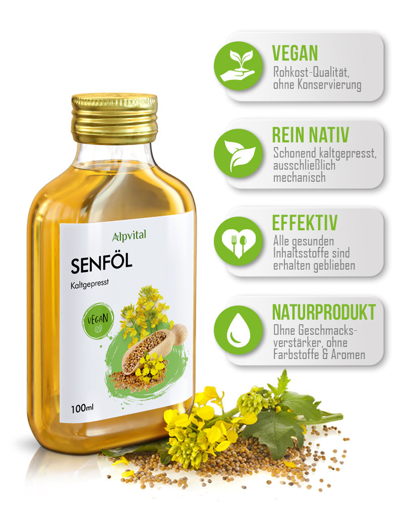 Senföl (100ml) kaltgepresst und naturbelassen, wohlschmeckend mit leicht nussiger Note, ideal zum Backen, Kochen und als Salatöl