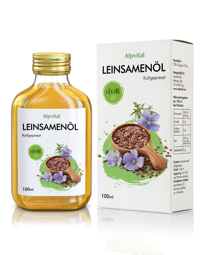 Leinsamenöl (100 ml), kaltgepresst und ungefiltert, reich an ungesättigten Omega-3-Fettsäuren, aus 100% Leinsamen, nussig-milder Geschmack, perfekt für Salate oder Dips