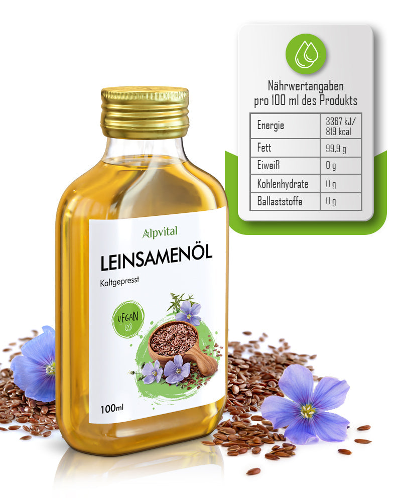 Leinsamenöl (100 ml), kaltgepresst und ungefiltert, reich an ungesättigten Omega-3-Fettsäuren, aus 100% Leinsamen, nussig-milder Geschmack, perfekt für Salate oder Dips