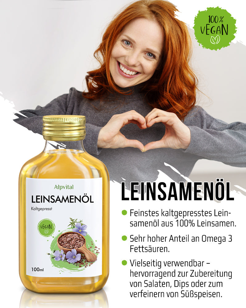 Leinsamenöl (100 ml), kaltgepresst und ungefiltert, reich an ungesättigten Omega-3-Fettsäuren, aus 100% Leinsamen, nussig-milder Geschmack, perfekt für Salate oder Dips