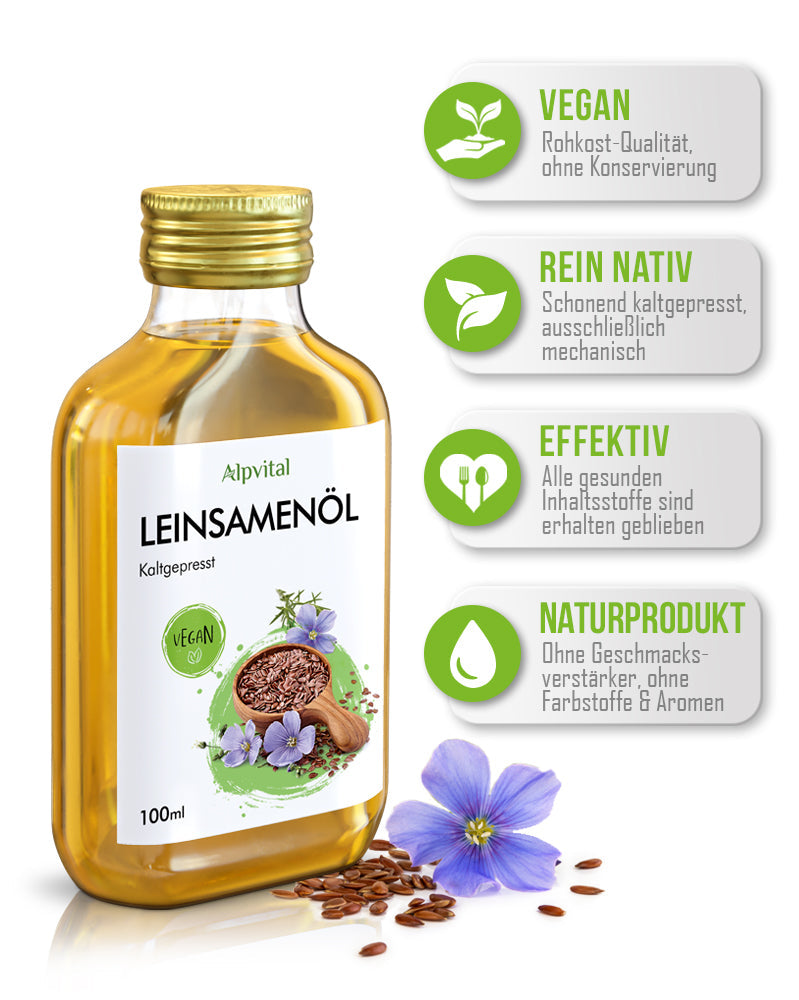 Leinsamenöl (100 ml), kaltgepresst und ungefiltert, reich an ungesättigten Omega-3-Fettsäuren, aus 100% Leinsamen, nussig-milder Geschmack, perfekt für Salate oder Dips
