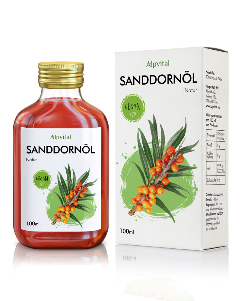 Sanddornöl 100ml kaltgepresst, 100% natürlich und rein, besonders hoher Vitamin-C Gehalt, ohne Zusatzstoffe, auch zur Hautpflege geeignet