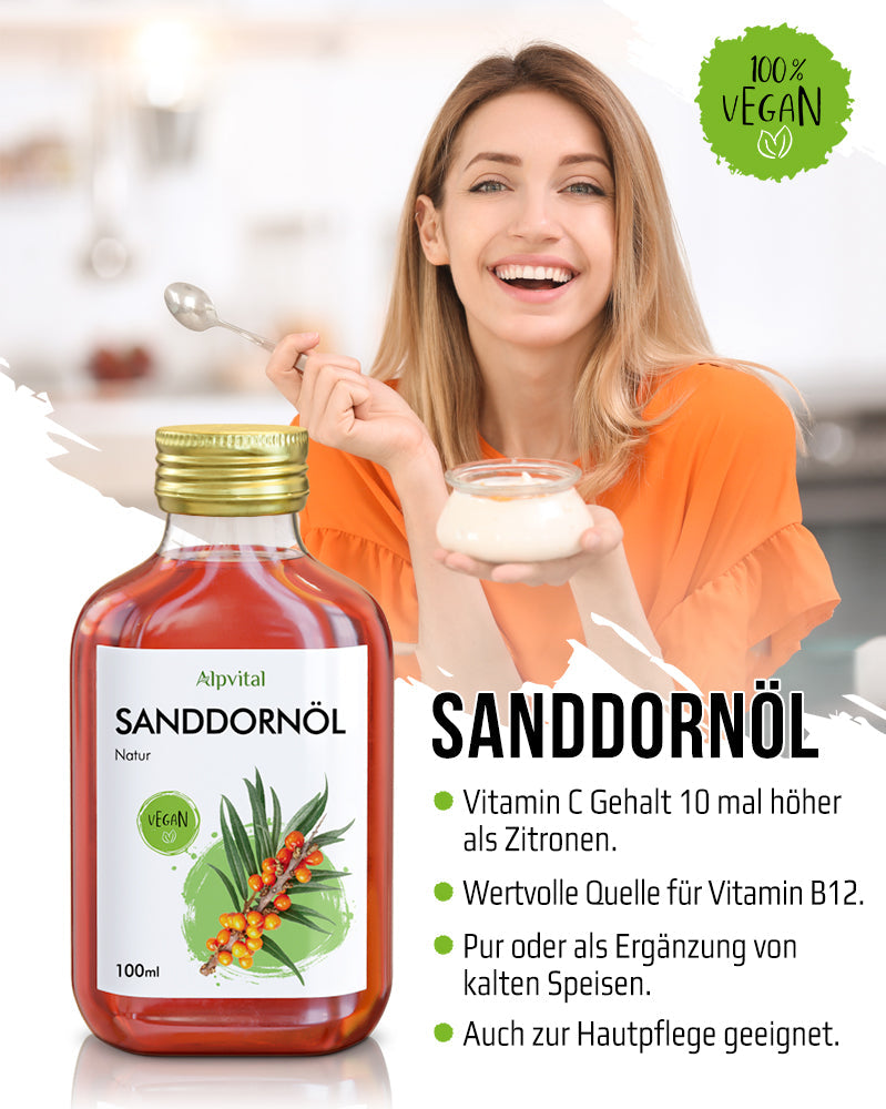 Sanddornöl 100ml kaltgepresst, 100% natürlich und rein, besonders hoher Vitamin-C Gehalt, ohne Zusatzstoffe, auch zur Hautpflege geeignet