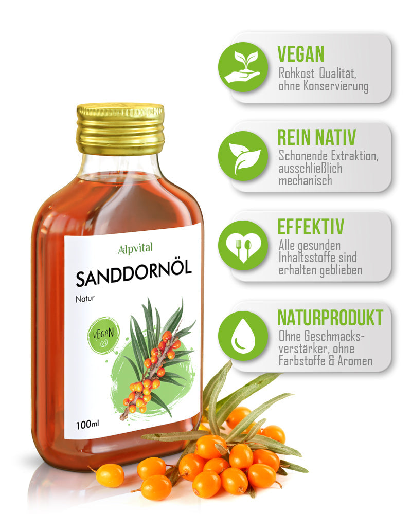 Sanddornöl 100ml kaltgepresst, 100% natürlich und rein, besonders hoher Vitamin-C Gehalt, ohne Zusatzstoffe, auch zur Hautpflege geeignet