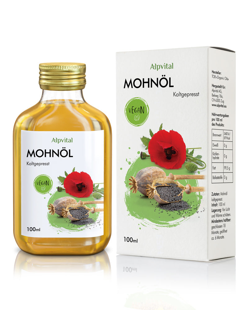 Mohnöl (100ml) kaltgepresst, aus kontrolliertem Anbau, 100% natürlich und rein, ohne Zusatzstoffe, Premium Qualität