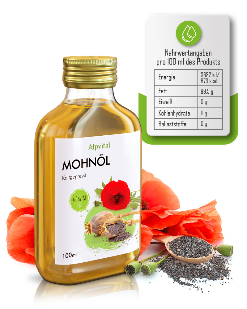 Mohnöl (100ml) kaltgepresst, aus kontrolliertem Anbau, 100% natürlich und rein, ohne Zusatzstoffe, Premium Qualität