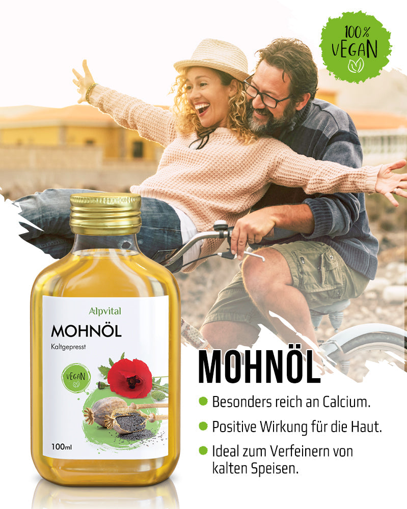 Mohnöl (100ml) kaltgepresst, aus kontrolliertem Anbau, 100% natürlich und rein, ohne Zusatzstoffe, Premium Qualität