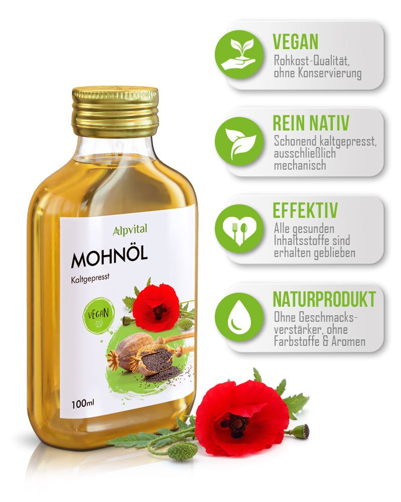 Mohnöl (100ml) kaltgepresst, aus kontrolliertem Anbau, 100% natürlich und rein, ohne Zusatzstoffe, Premium Qualität