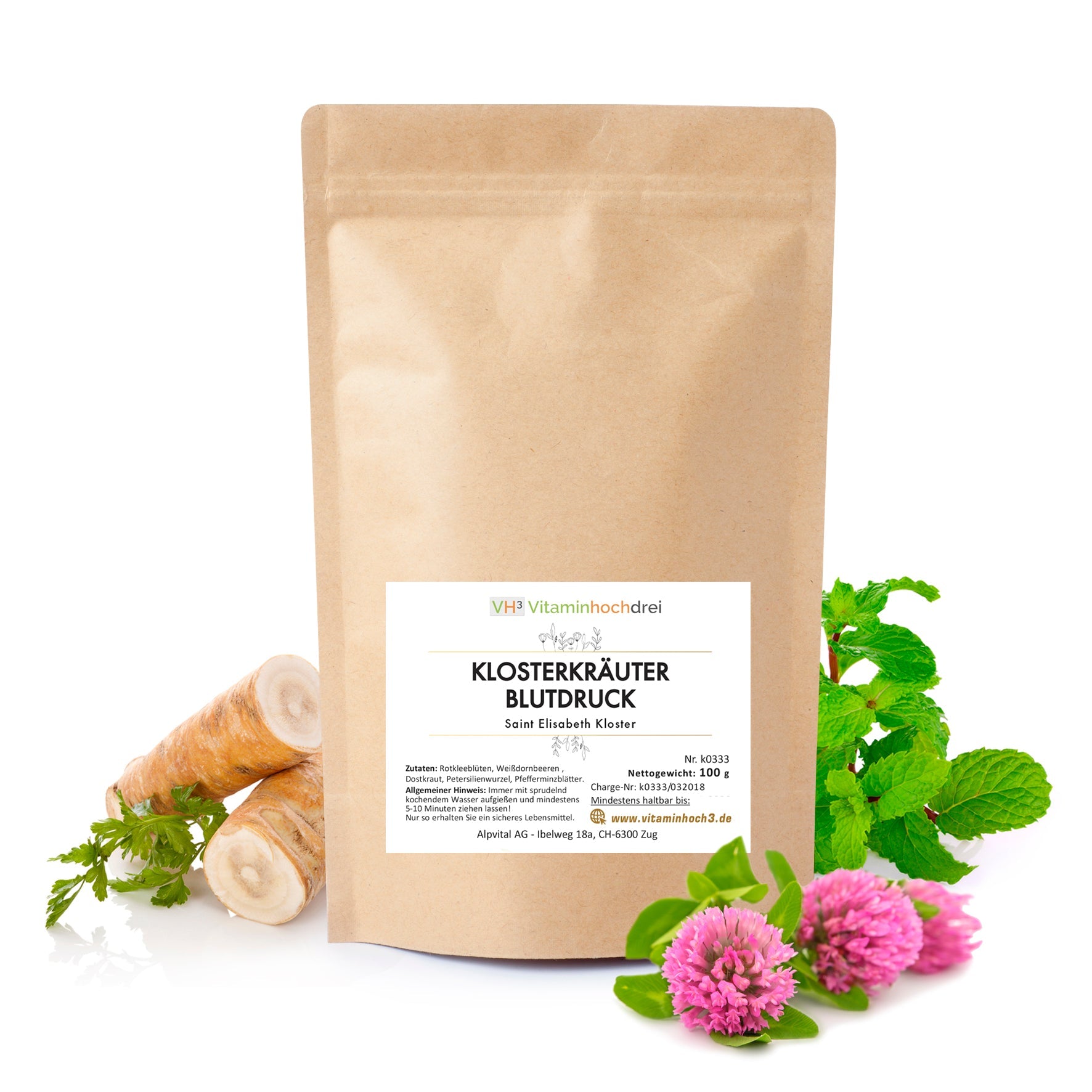 VH3 Klosterkräuter Blutdruck mit Rotkleeblüten, Weißdornbeeren, Dostkraut, Petersilienwurzel und Pfefferminzblättern