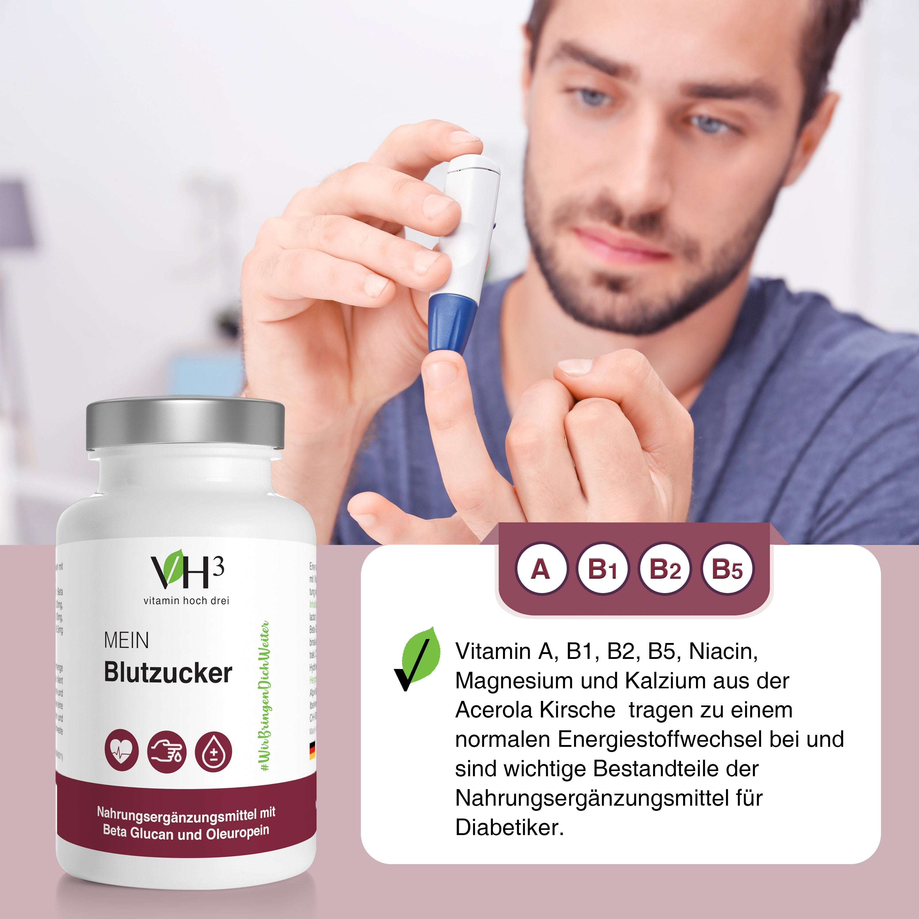 VH3 MEIN Blutzucker mit Beta Glucan, Oleuropein Biotin und Vitamin C
