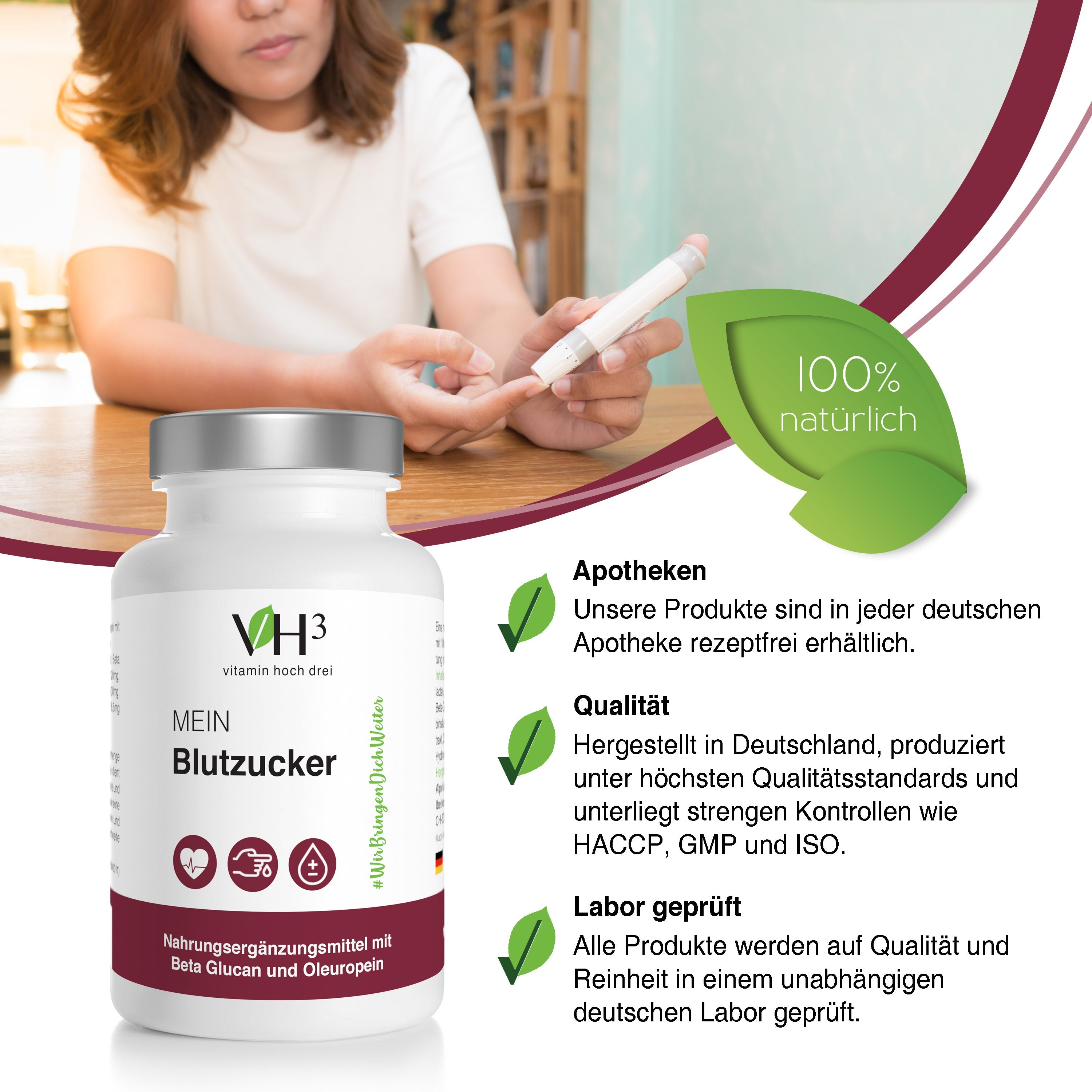 VH3 MEIN Blutzucker mit Beta Glucan, Oleuropein Biotin und Vitamin C
