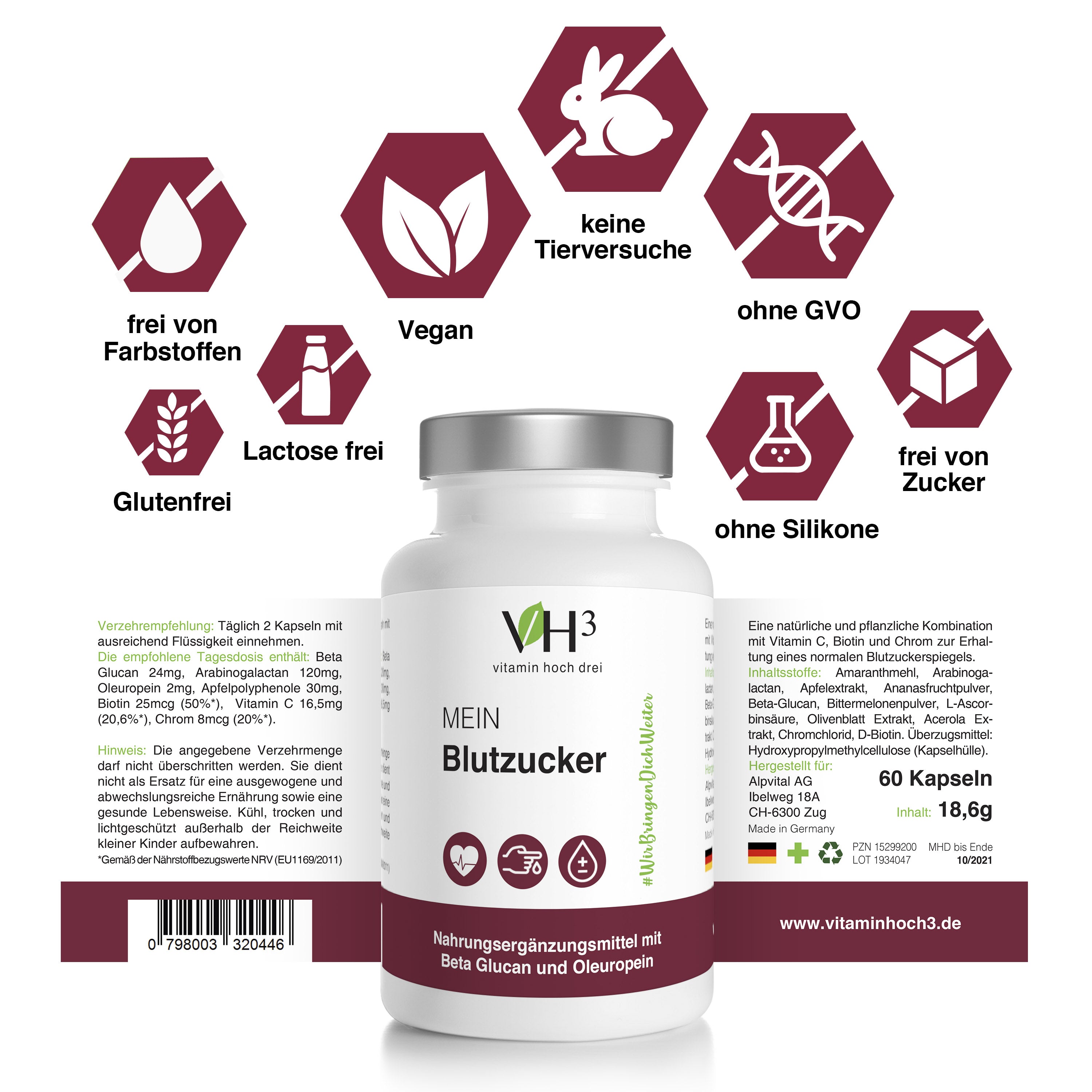VH3 MEIN Blutzucker mit Beta Glucan, Oleuropein Biotin und Vitamin C