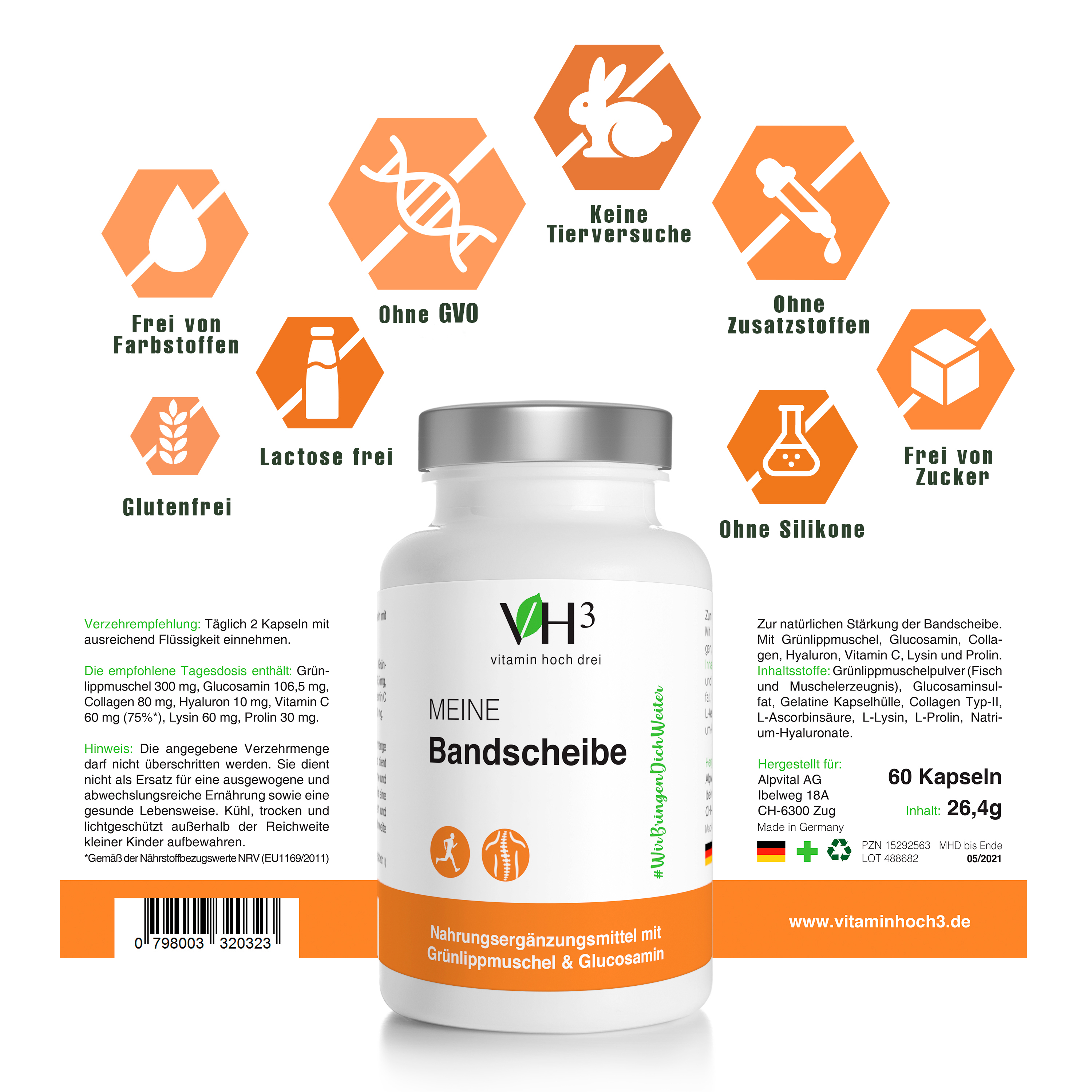 VH3 Meine Bandscheibe mit Grünlippmuschel, Glucosamin & Collagen Typ-2