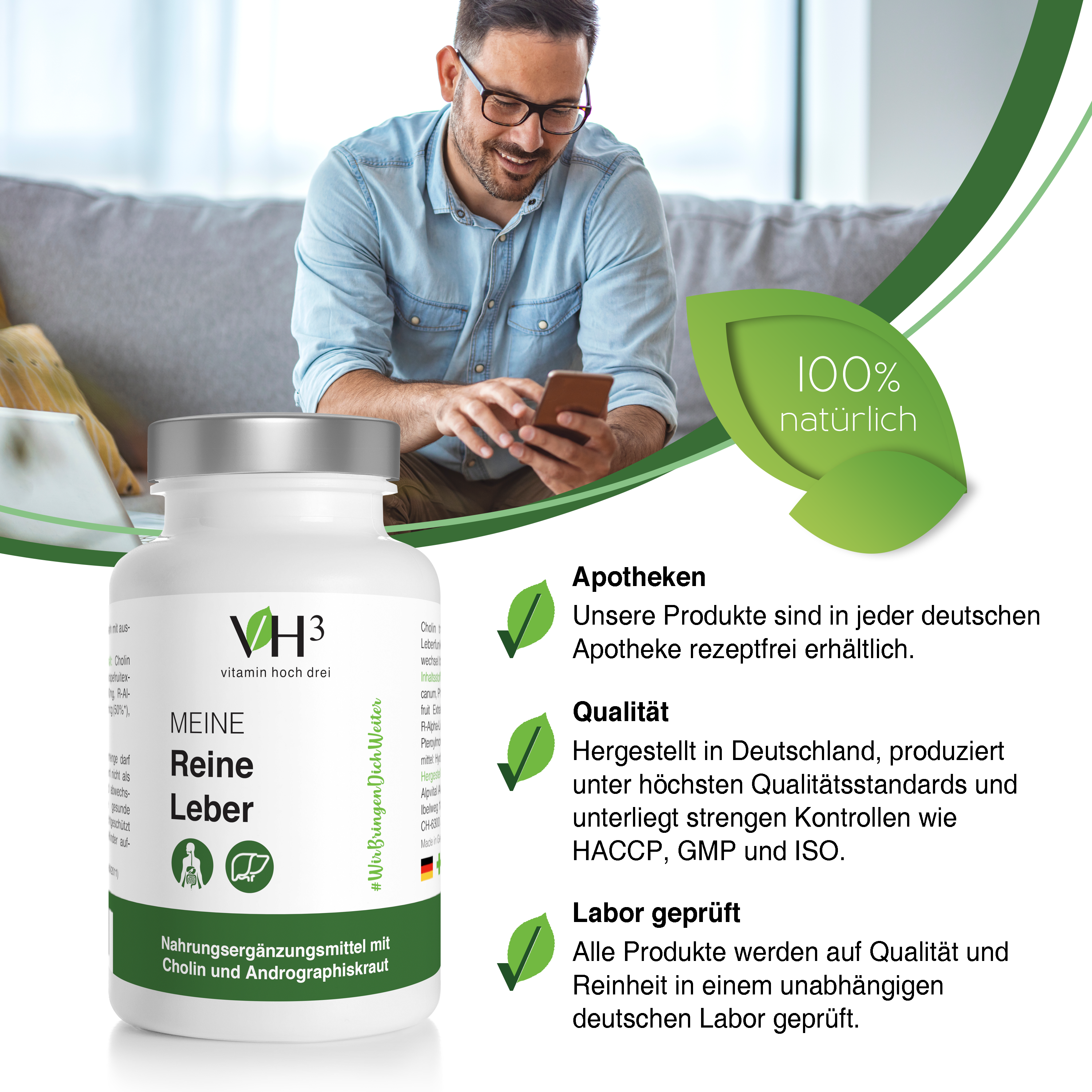 MEINE Reine Leber Cholin, Phosphatidylcholin (Sojaerzeugnis), Grapefruit Extrakt, Andrographiskraut Extrakt, Coenzym Q10 und Folsäure