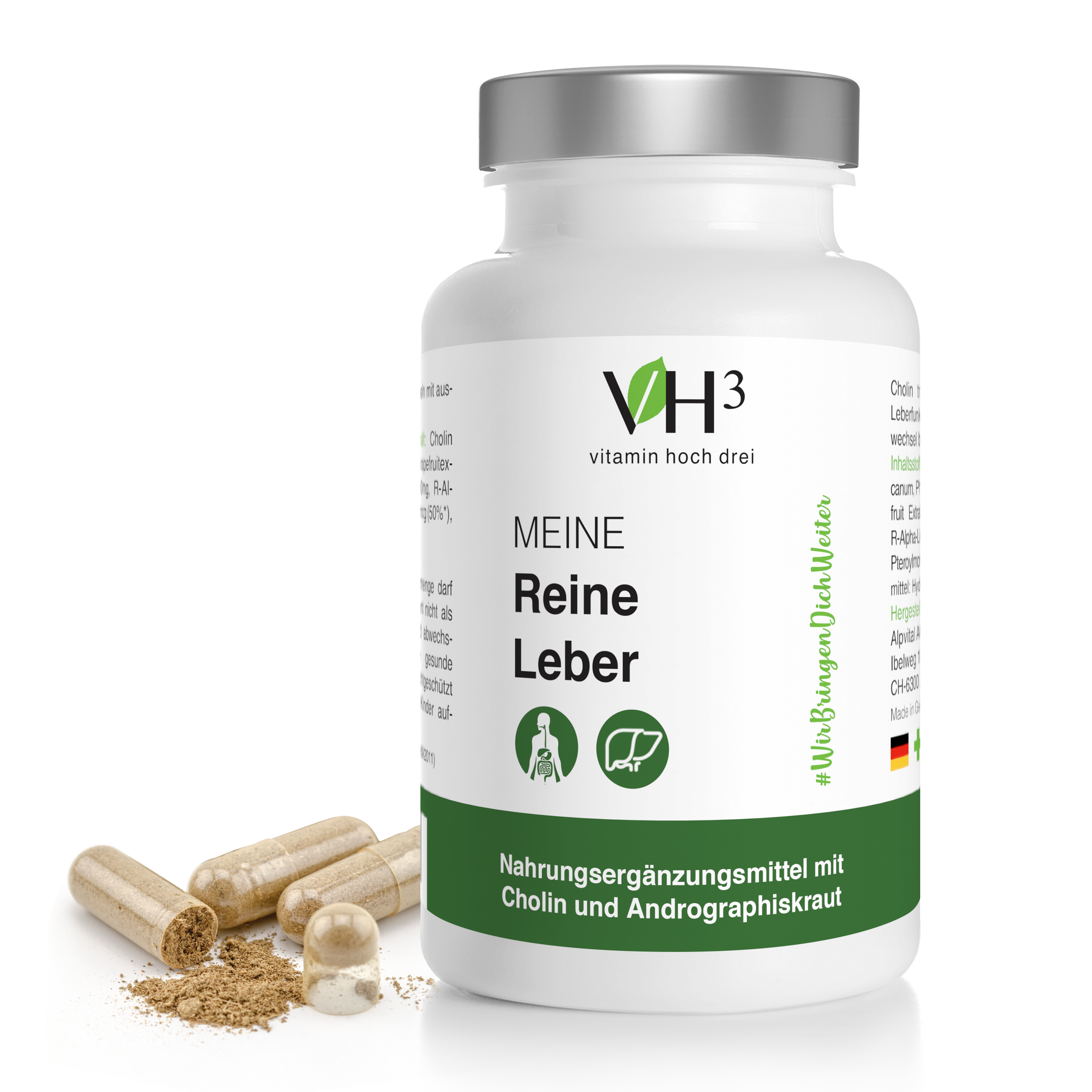 MEINE Reine Leber Cholin, Phosphatidylcholin (Sojaerzeugnis), Grapefruit Extrakt, Andrographiskraut Extrakt, Coenzym Q10 und Folsäure