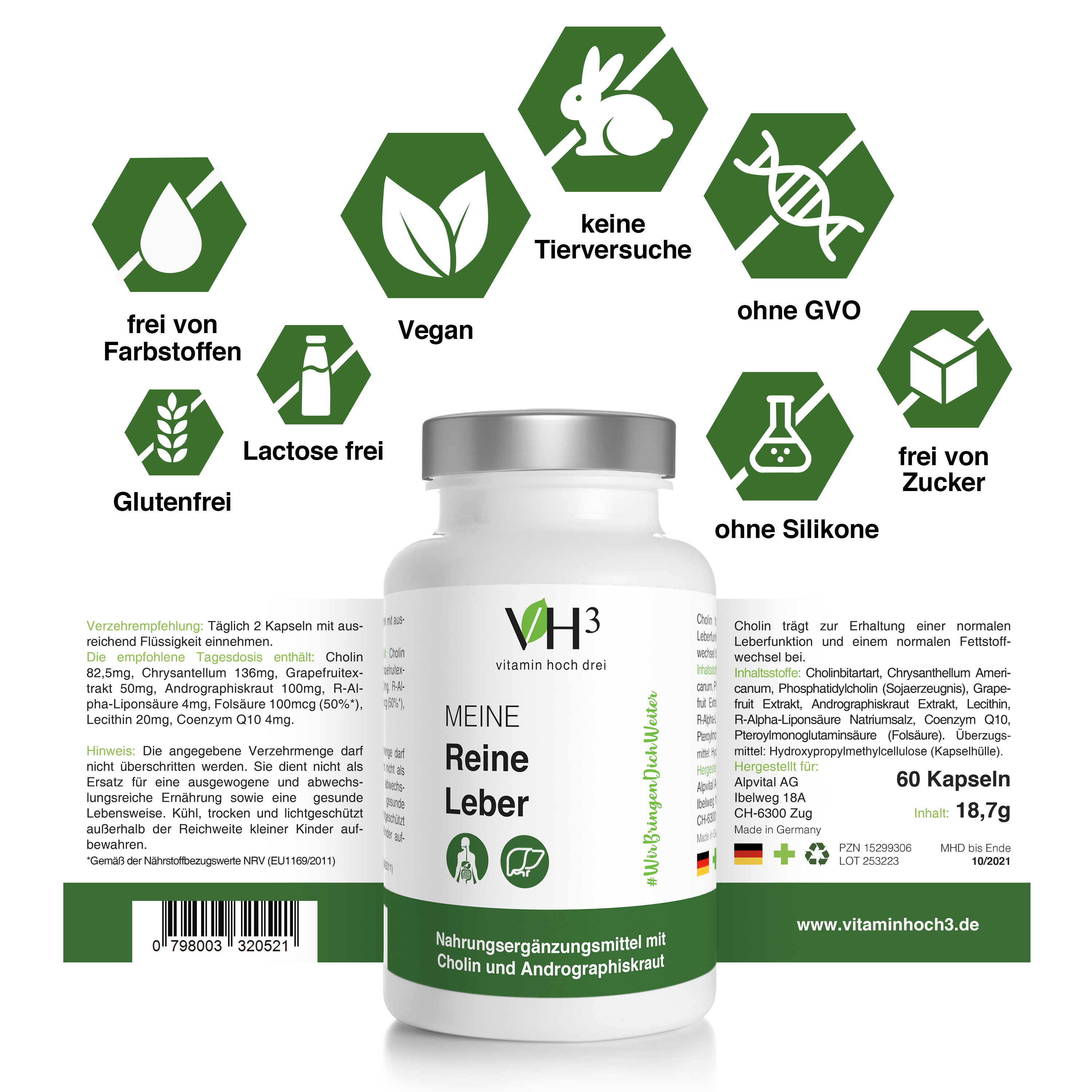 MEINE Reine Leber Cholin, Phosphatidylcholin (Sojaerzeugnis), Grapefruit Extrakt, Andrographiskraut Extrakt, Coenzym Q10 und Folsäure
