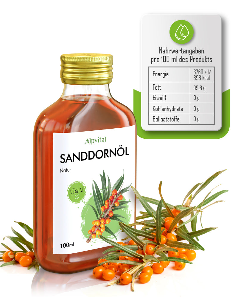 Sanddornöl (100ml) kaltgepresst, 100% natürlich und rein, besonders hoher Vitamin-C Gehalt, ohne Zusatzstoffe, auch zur Hautpflege geeignet